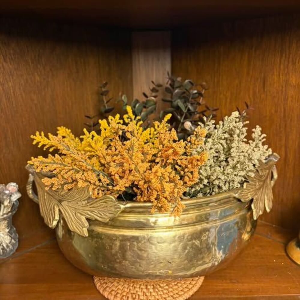 Vintage Hammered Brass Planter with Leaf Handles